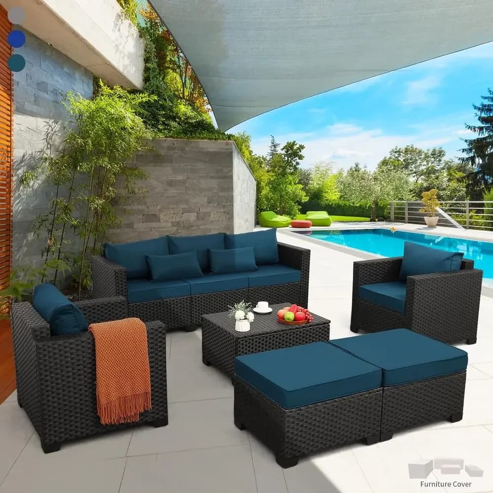 Set di mobili da giardino 6 pezzi, divano, sedie da esterno, tavolino, cuscini antiscivolo blu pavone e coperture impermeabili
