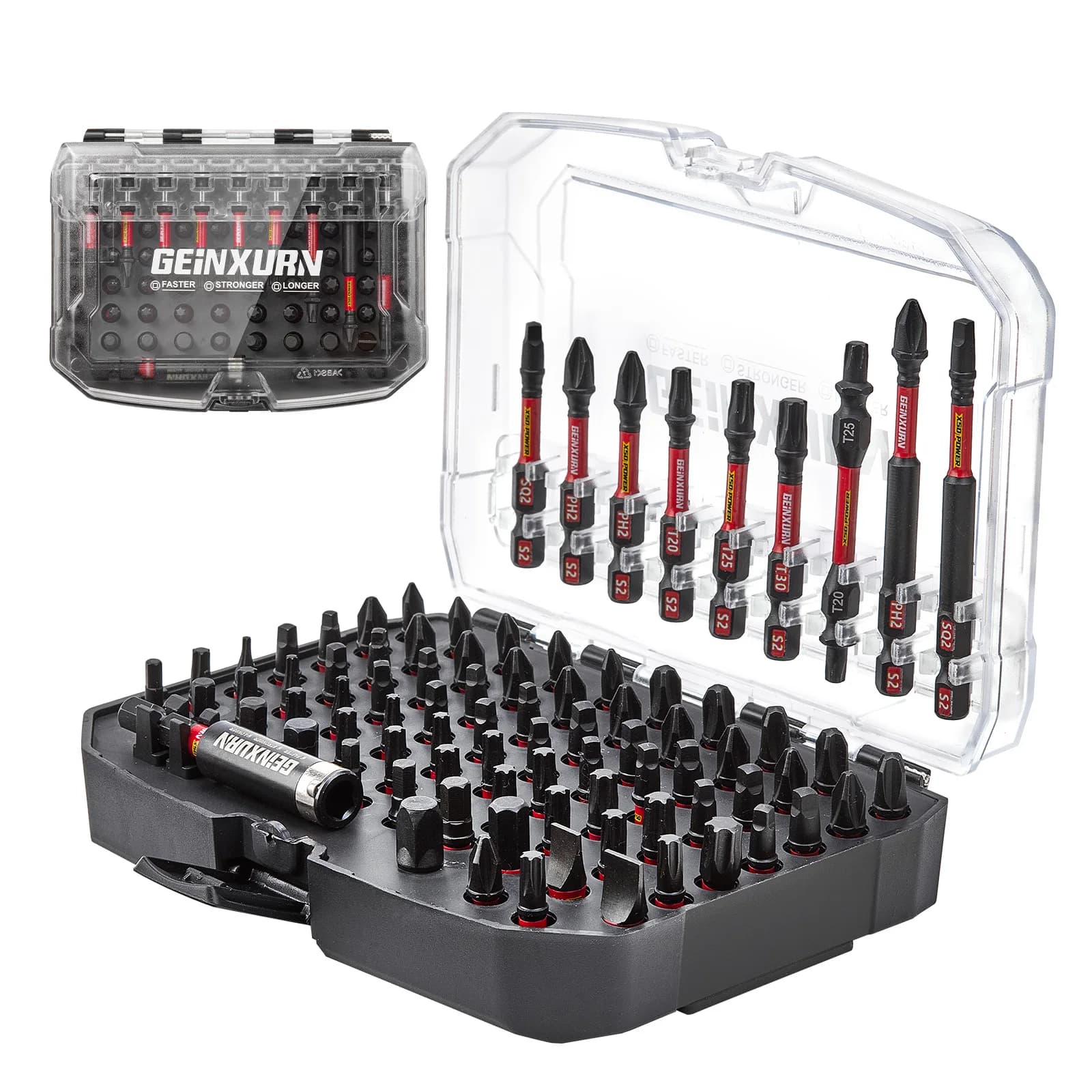 Geinxurn Set di punte magnetiche per driver a impatto da 83 pezzi, punte in acciaio S2 (PH/Slotted/Torx/Hex/SQ), adattatore per presa e custodia nera