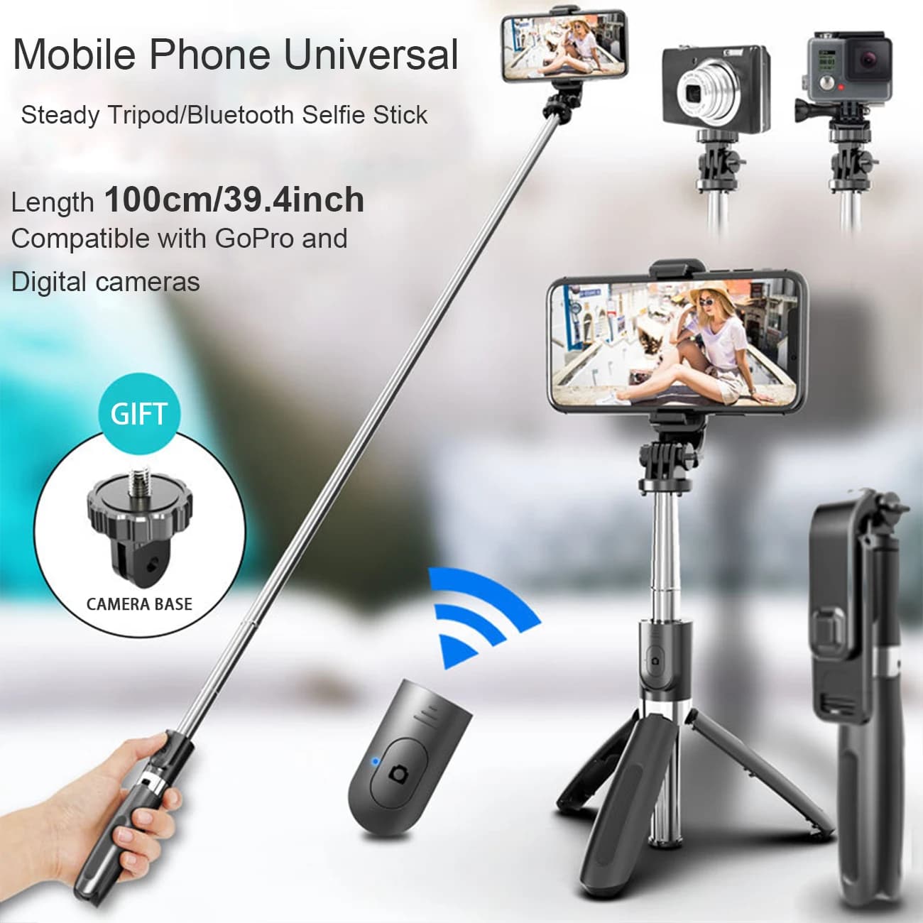 39 inch multifunction Selfie Stick, 360 ° Swivel support with wireless remote control, live streaming phone support (iOS and Android)
