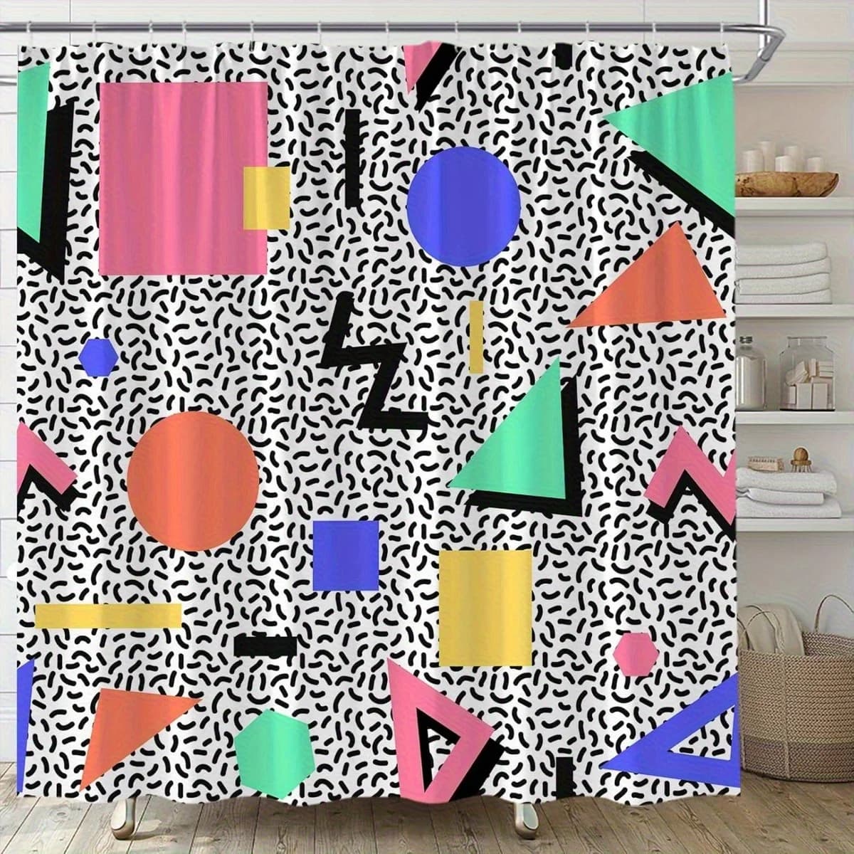 Tenda da doccia geometrica anni '80 e '90 Rettangolo astratto moderno Triangolo Cerchio Strisce Memphis Set di decorazioni per il bagno in tessuto moda con spirito