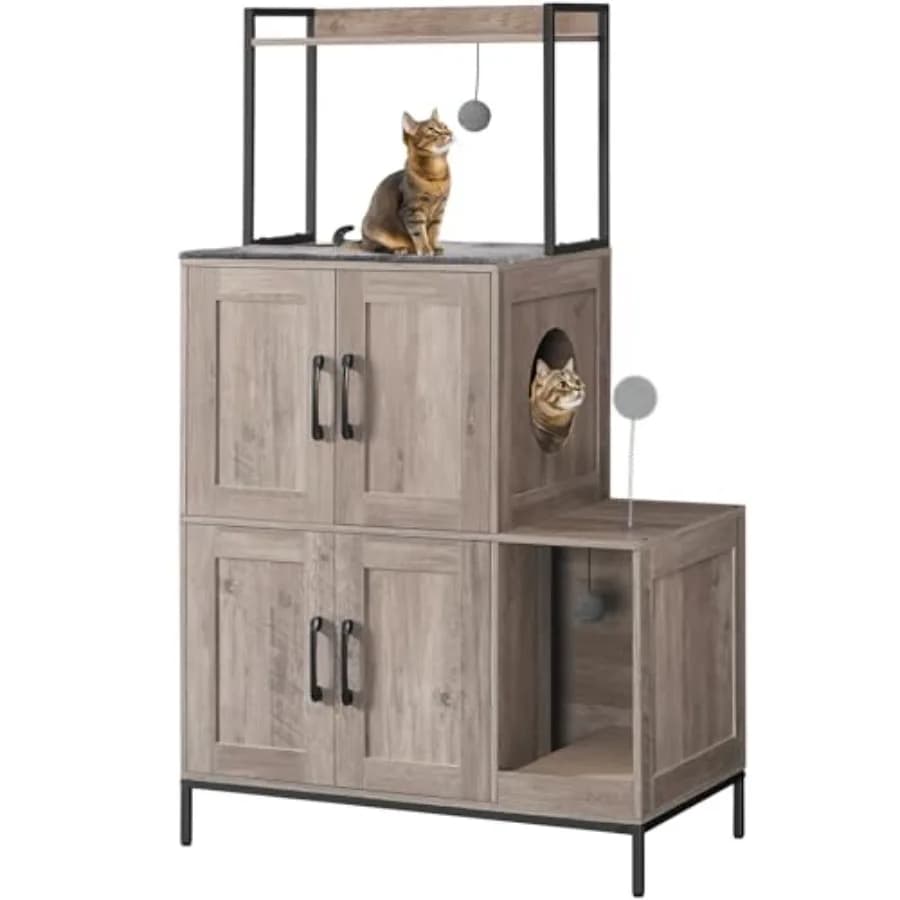 Cat Litter Box Enclosure Furniture, 2 in 1 Hidden Litter Box Furniture with Shelf, Double Litter Box Cabinet with 2 Dangling Pl