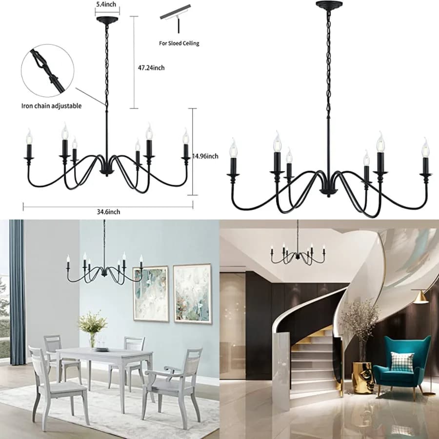 Black Chandelier, 6-Light Rustic Industrial Iron Chandeliers for Dining Room Lighting Fixtures Hanging, Candle Hanging Hallway,
