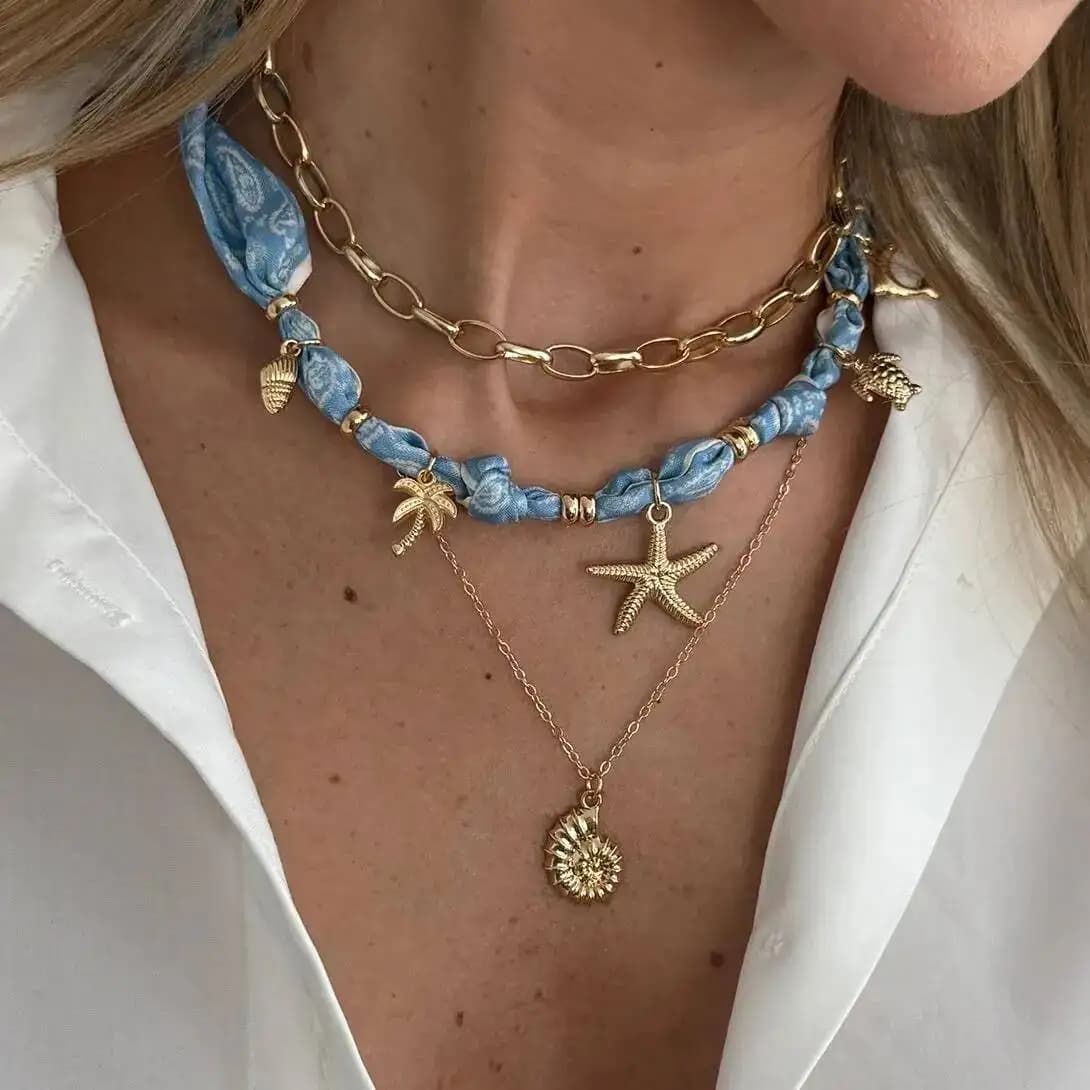 SHIXIN 3pcs/set Bohemian Blue Printed Fabric Scarf Choker Necklace Women Trendy Starfish Conch Pendant Necklace Vacation Jewelry