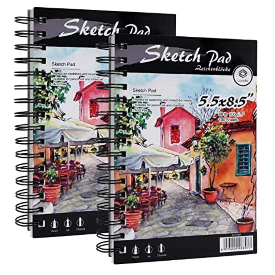 5.5" x 8.5" Sketch Book Set Spiral Bound, Pack of 2, 100 Sheets per Book 68 lb/100 GSM Drawing Paper Art Supplies for Graphite