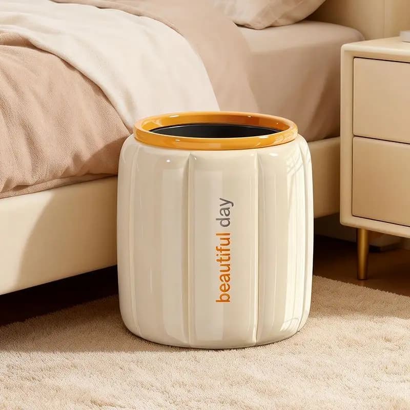 Cream White Pumpkin Shape Waste Bin, Glossy Plastic Trash Can With Orange Rim, Open Top Small Wastebasket For Bedroom Bathroom