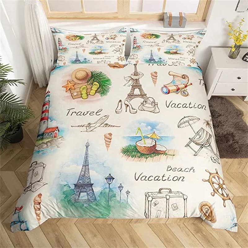 Copripiumino Torre Eiffel Set di biancheria da letto singola Queen Beach Vacation Copripiumino in poliestere con pittura in stile francese per ragazzi e ragazze