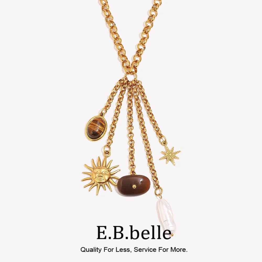 E.B.belle Sun Tiger Eye Baroque Pearl Tassel Charm Necklace 316L Stainless Steel 18K Gold Plated Chain Retro Bohemian Jewelry