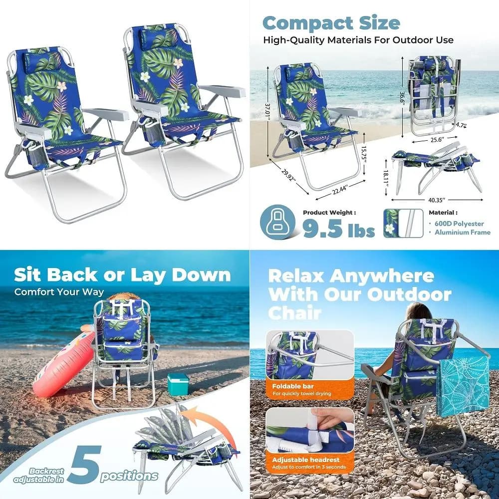 Sedia da Spiaggia, Sedie a Zaino per Adulti con Ombrello Regolabile, Sedie Pieghevoli da Spiaggia con Tasca Portaoggetti, Portabicchieri e Porta Asciugamano