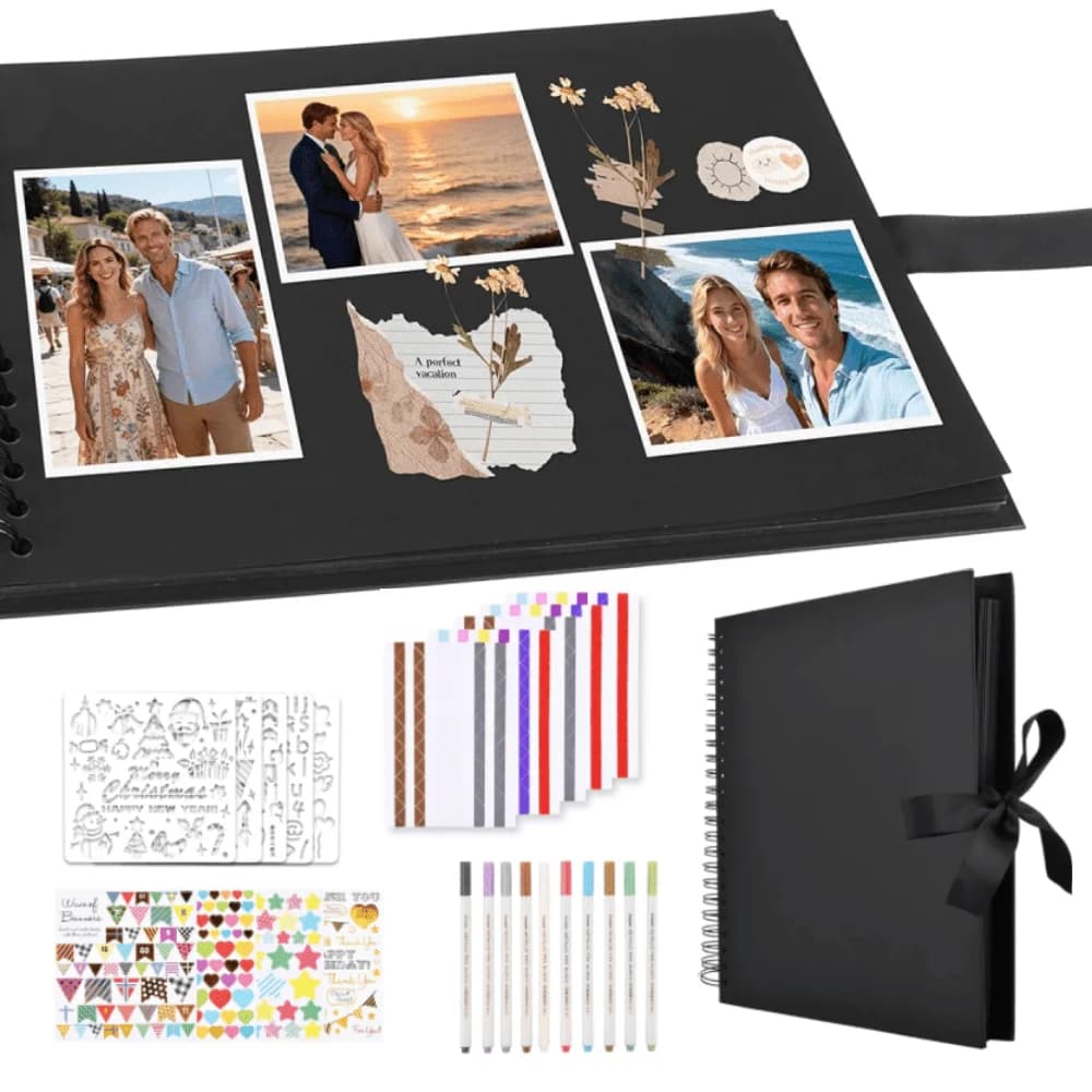 80 Pages Scrapbook Album with 10 Metallic Markers Craft Paper Photo Album for Wedding Anniversary DIY Accessories Kit Black