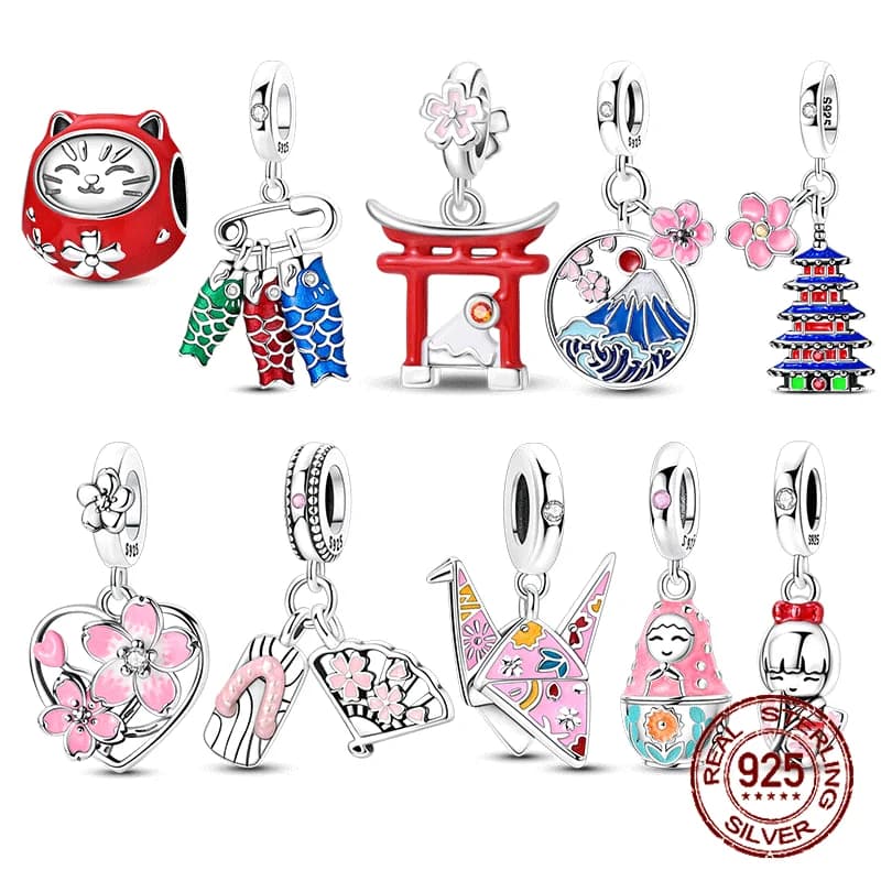 Ciondolo Souvenir Giapponese Koinobori Senbazuru Monte Fuji in Argento Sterling 925, Adatto per Bracciali Charm Originali, Regalo Fai-da-Te per Donne