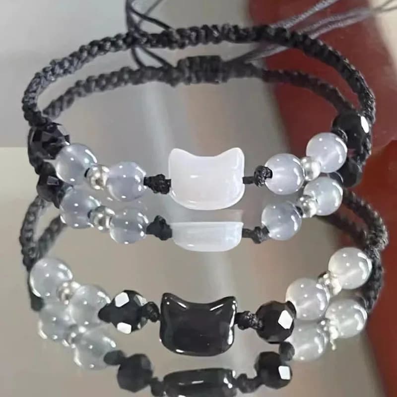 2 braccialetti in ossidiana e pietra di luna naturale, braccialetti minimalisti per coppia, braccialetto fatto a mano con gatto bianco e nero, gioielli da festa, regali