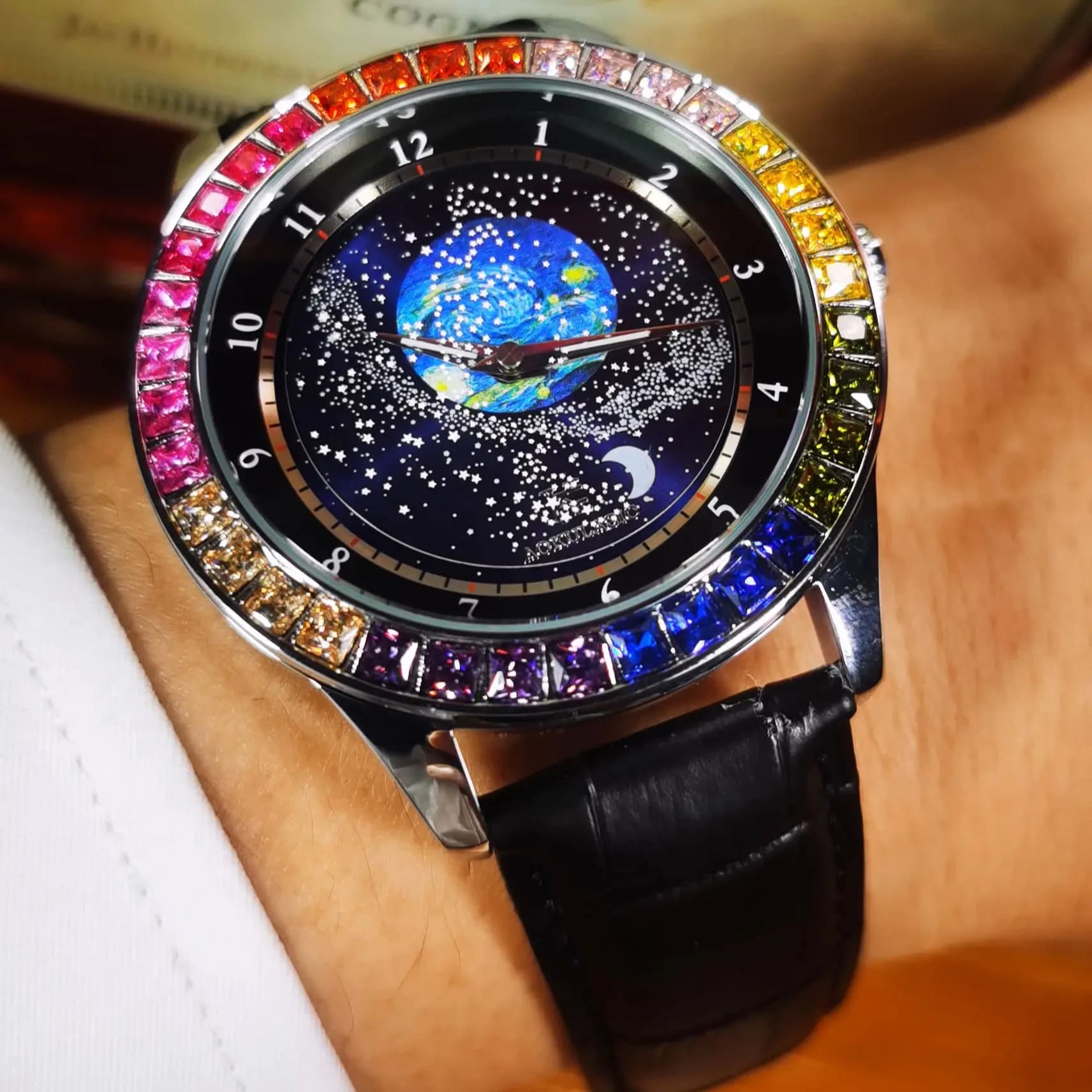 Orologio meccanico luminoso alla moda con cielo stellato per uomo, cinturino in acciaio in pelle, orologi da uomo automatici di marca di lusso AOKULASIC