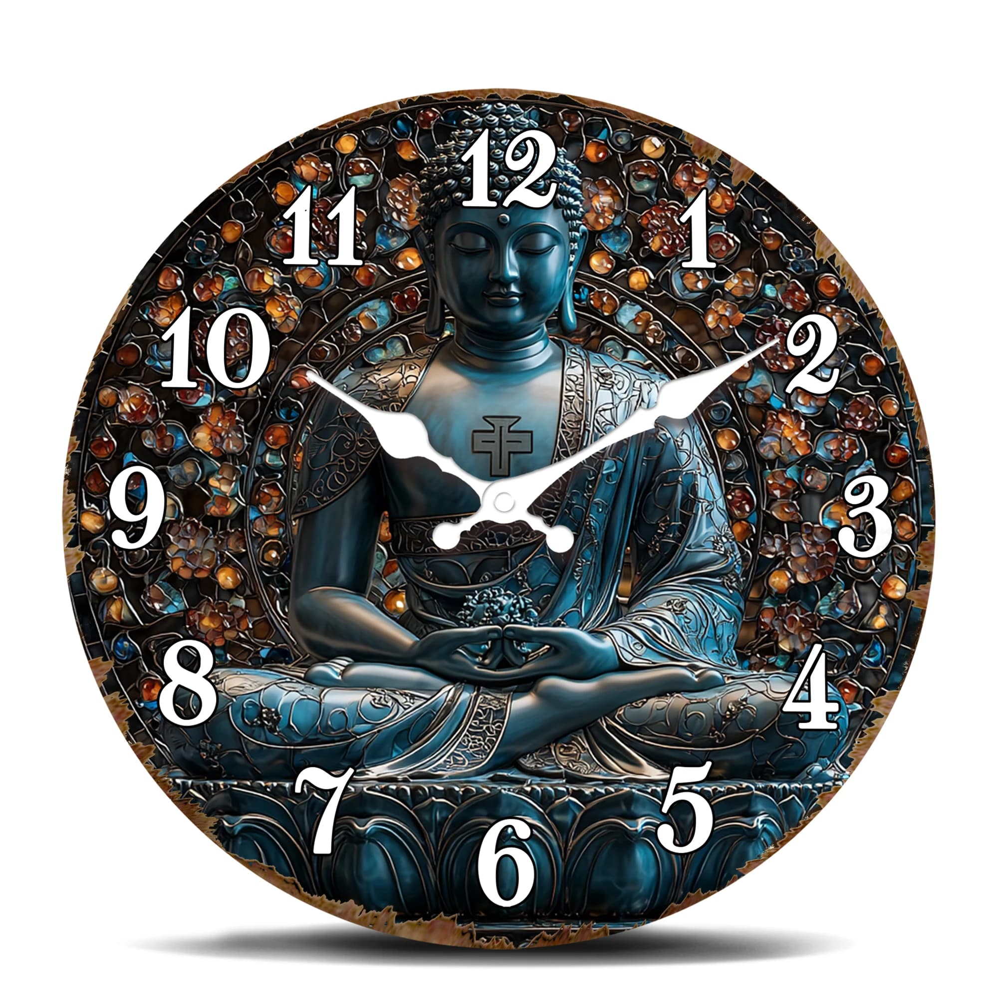 Round Wall Clock with Buddha Statue in Meditation, Spiritual Zen Decoration for Yoga Room, Pacific Oriental Clock