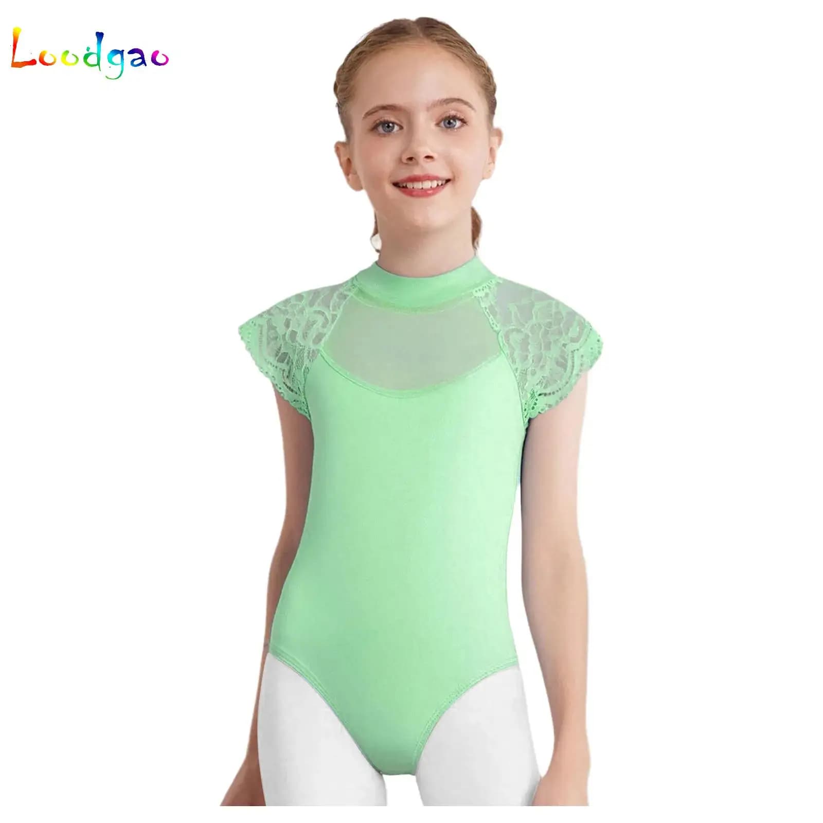 Body da balletto per ragazze Maniche ad aletta in pizzo Body da ginnastica con schiena cava Body con ritaglio patchwork in rete trasparente Body da ballo per bambini