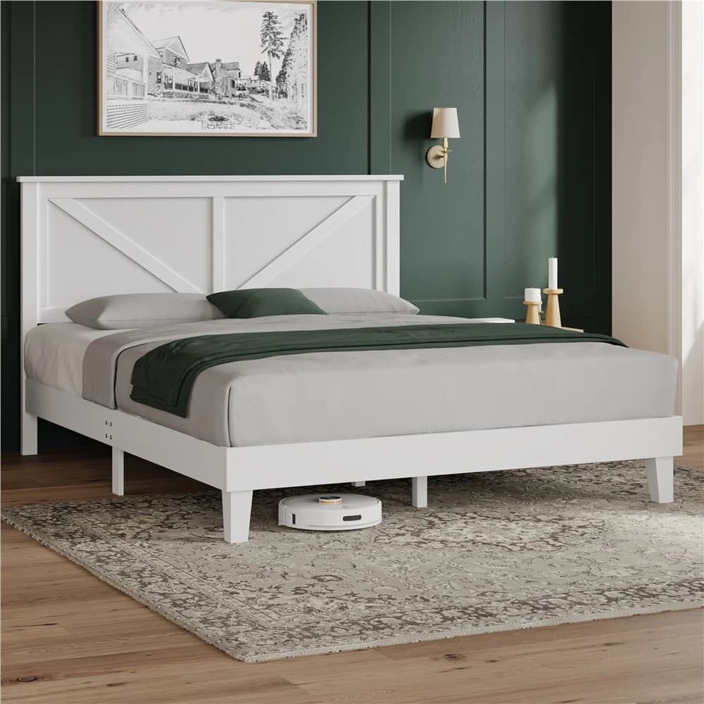 Base letto in legno Costoffs, telaio letto matrimoniale/queen size in legno massello con testiera, supporto per materasso in legno, struttura letto in legno