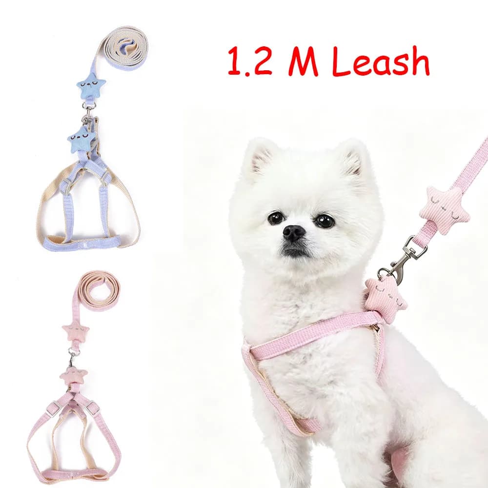 Kawaii Soft Plush Star Decor Pet Chest Strap Harness Leash Kit, Anti-Escape Plaid Fabric Adjustable Dog Cat Harness, 1.2M Leash
