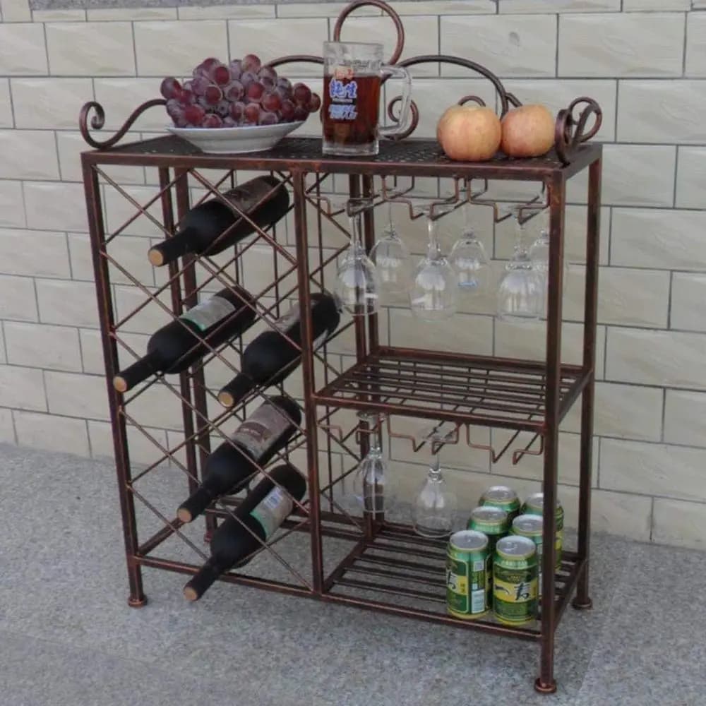 Portabottiglie Salvaspazio in Ferro Battuto con Portabicchieri e Vano Portaoggetti per Armadietto da Cucina
