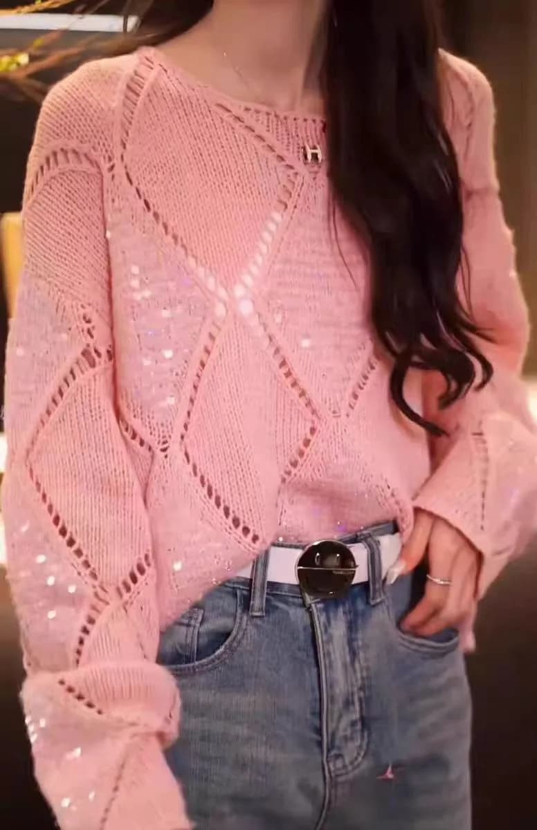 Women's Boho Chic Long Sleeve O-Neck Sweater Loose Fit Crochet Pullover Versatile Embroidered Sequins Knit Top for Autumn Winter