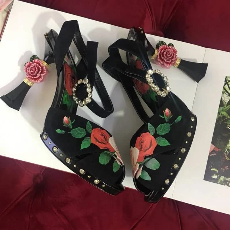 Rose Flower Carved Heel Peep Toe Sandals Woman Summer 2026 Open-Toe Retro Hollow Slingback Buckles Shaped High-Heeled Shoes