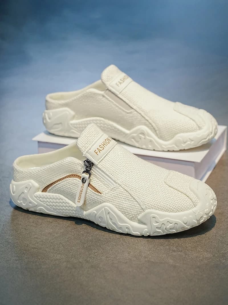 Men's Summer Canvas Slip-On Driving Shoes Breathable Anti-Slip No-Back Sports Casual Loafers Flat Bottom Rubber Outsole