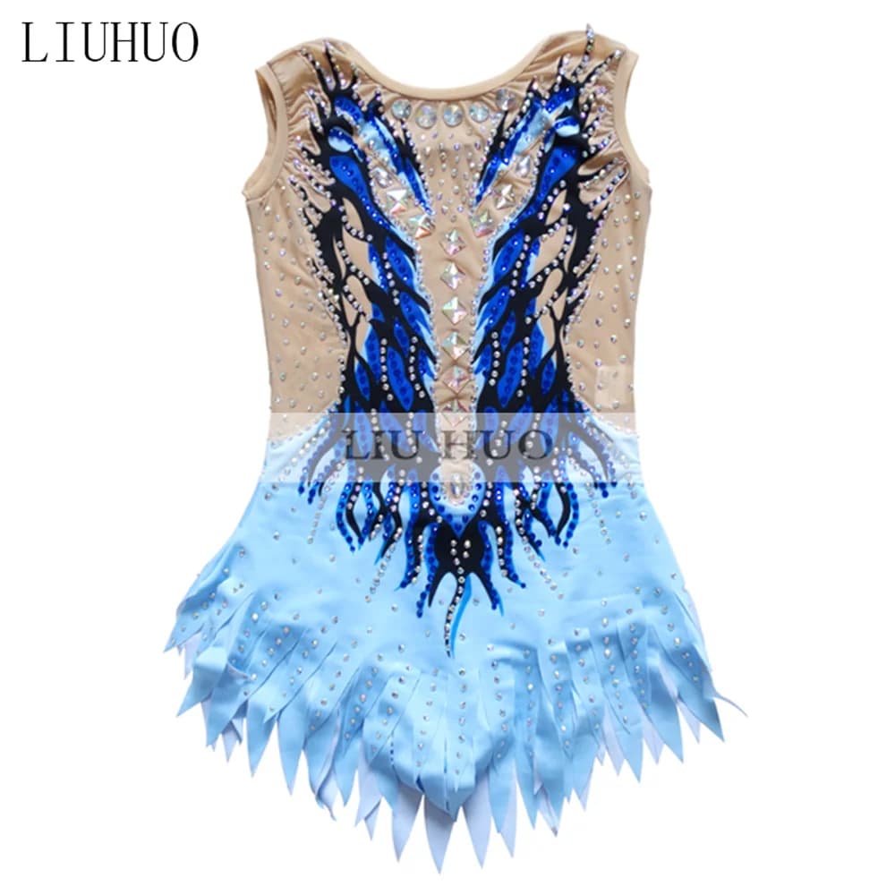 LIUHUO Vestito da Pattinaggio di Figura Donna Ragazza Prestazioni sul Ghiaccio Ginnastica Ritmica Concorso Body Blu Danza Senza Maniche BD792