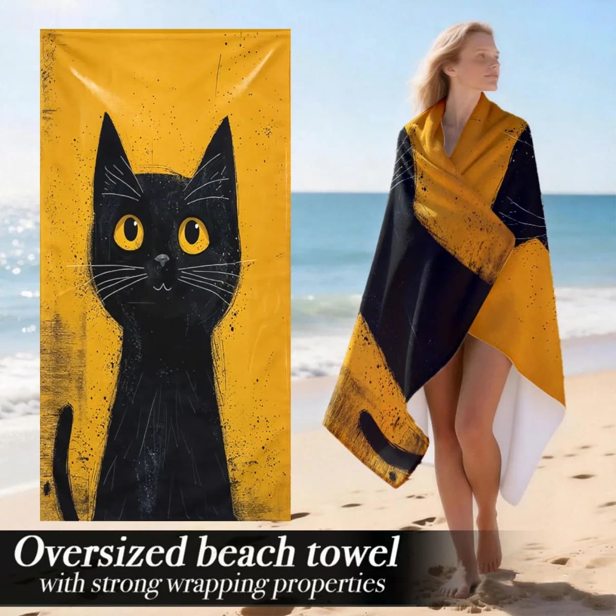 Telo mare vintage oversize con motivo gatto nero, protezione solare e antivento, adatto per piscina, campeggio, viaggi, coperta.