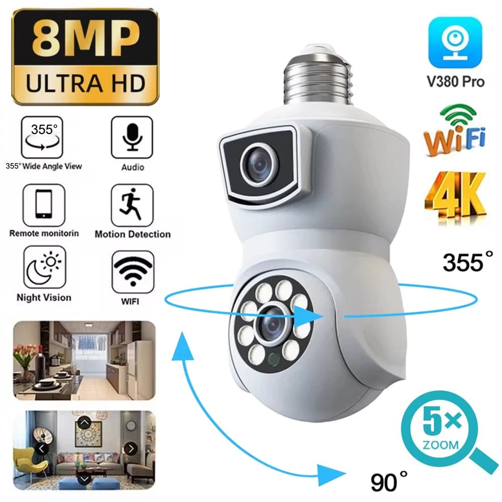 Telecamera di Sicurezza WiFi E27 4K 8MP con Doppio Schermo, Doppia Lente, Tracciamento Automatico, Audio Bidirezionale, Visione Notturna a Colori, per Esterni v380pr