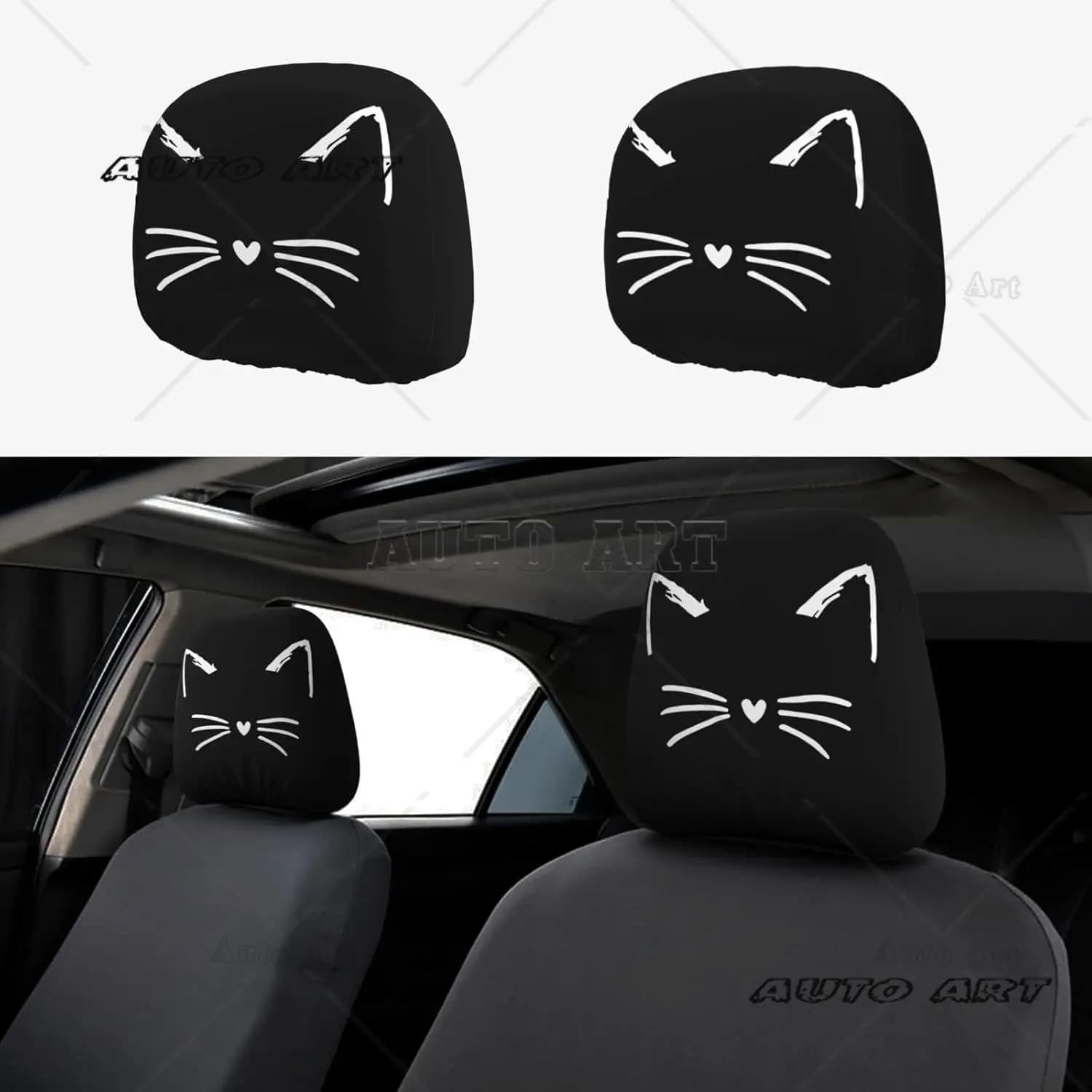 Black headrest cover with cute cat face for vehicles Universal headrest cover suitable for all cars Set of 2 pieces