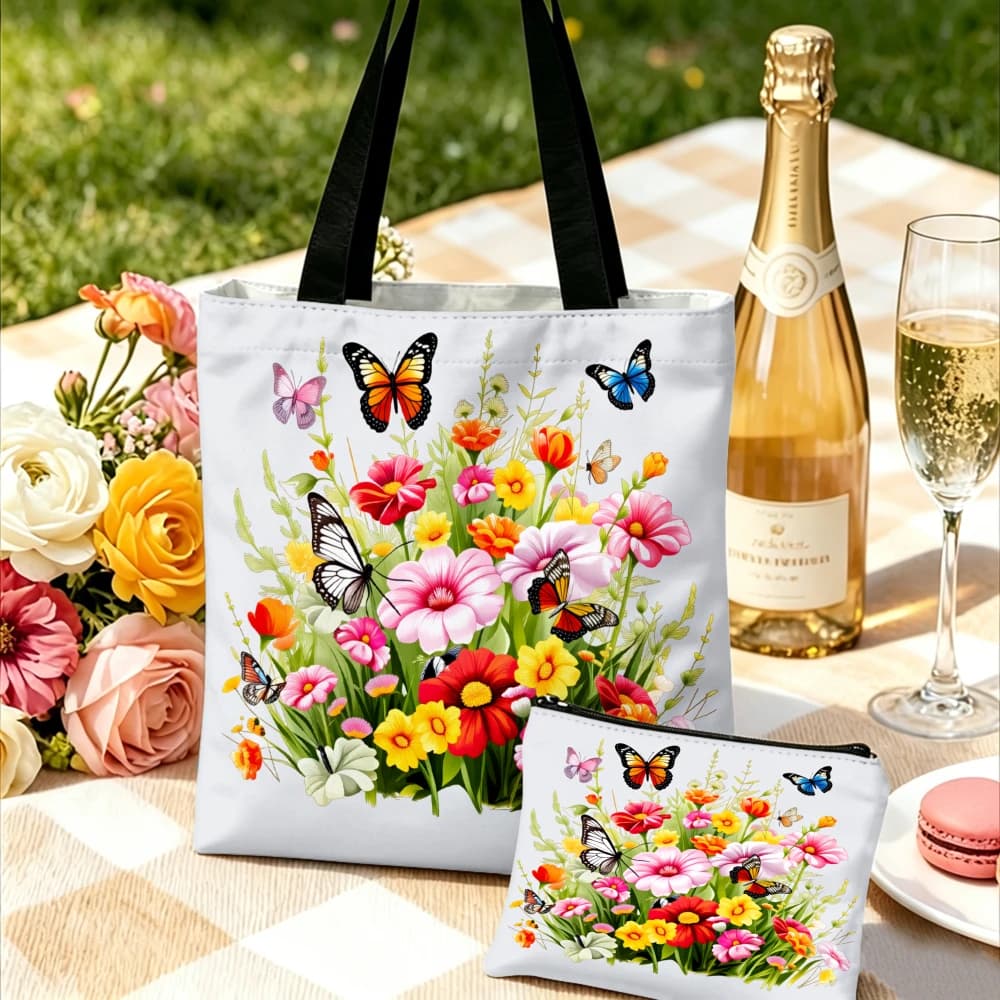 Borsa con stampa floreale, borse tote con farfalle e fiori e borsa per il trucco, combinazione per donna, shopping, uso quotidiano, pochette portatile