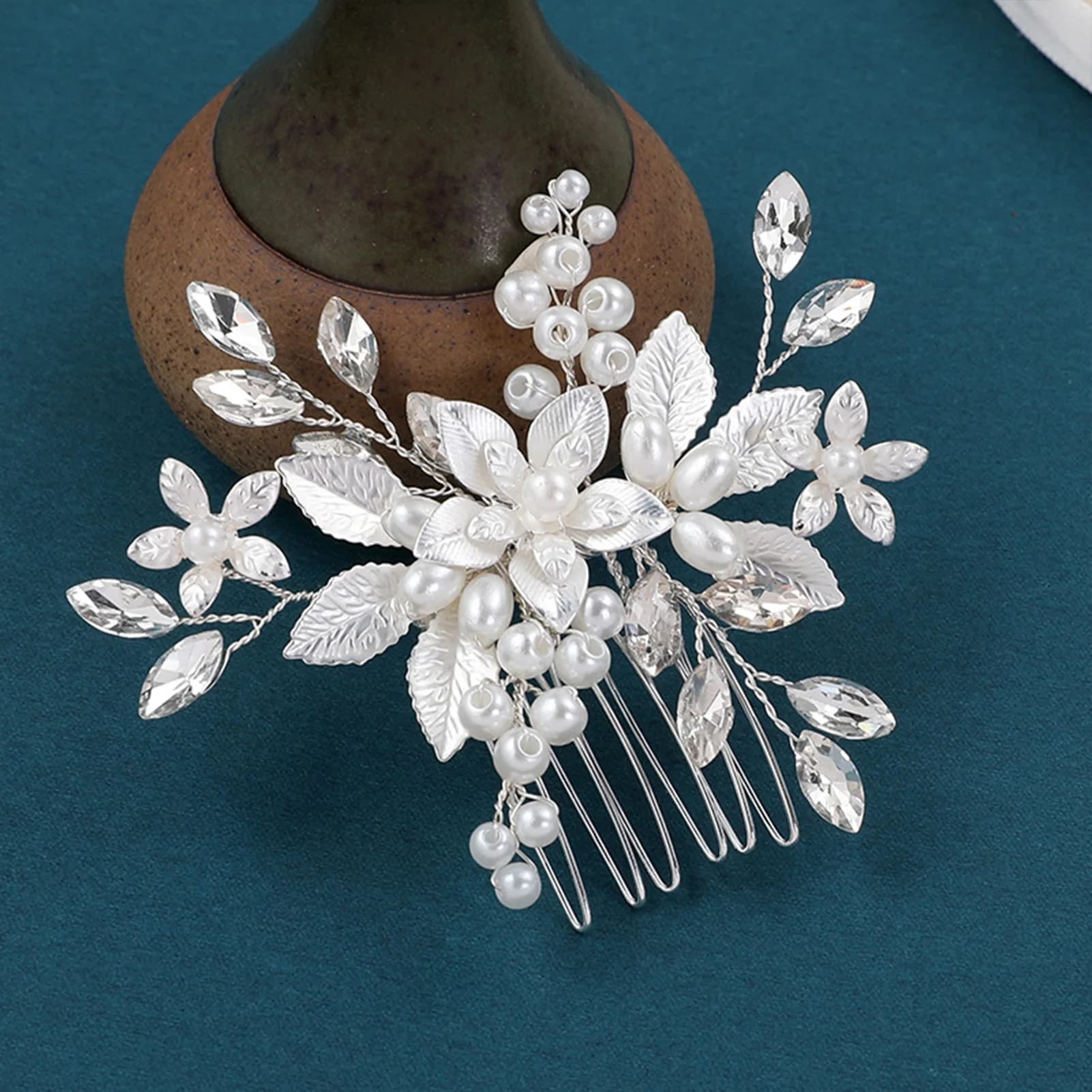 Pettine per capelli a foglia color argento con perle, fermaglio per capelli, fascia per capelli, accessori per capelli femminili, gioielli per acconciature quotidiane