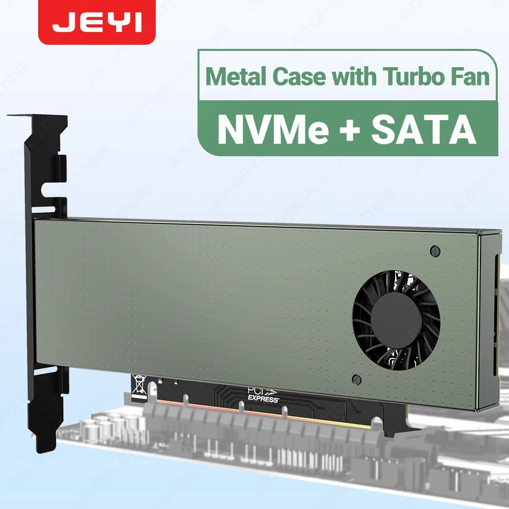 JEYI SK9 M.2 Dual PCIE 4.0 Adapter for NVMe / NGFF SSD With Turbo Fan, NVME (M Key) and SATA (B Key) SSD to PCIe X4 X8 X16 Slot
