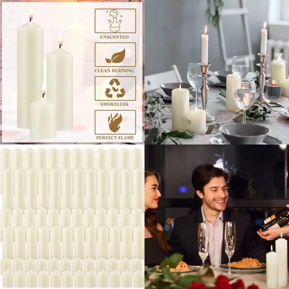 Pack of 72 Non Illuminated Big Column Candles - 2 Measures (3, 6, 8 Inches) for Weddings, Dinners and Home Decorations