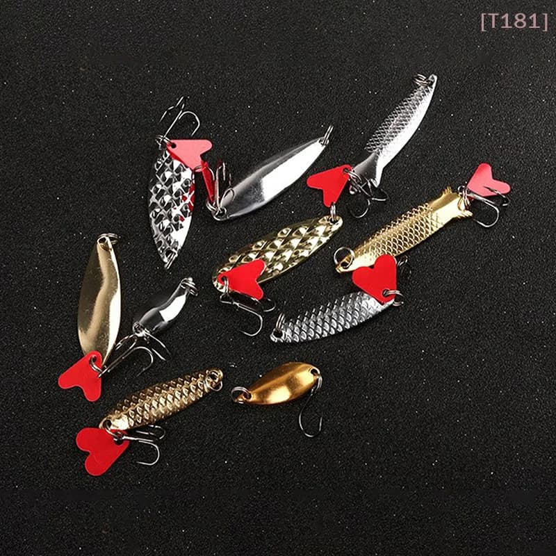 Set di 5 esche artificiali in metallo a forma di cucchiaio e spinner, con scatola porta attrezzi da pesca, per la pesca.