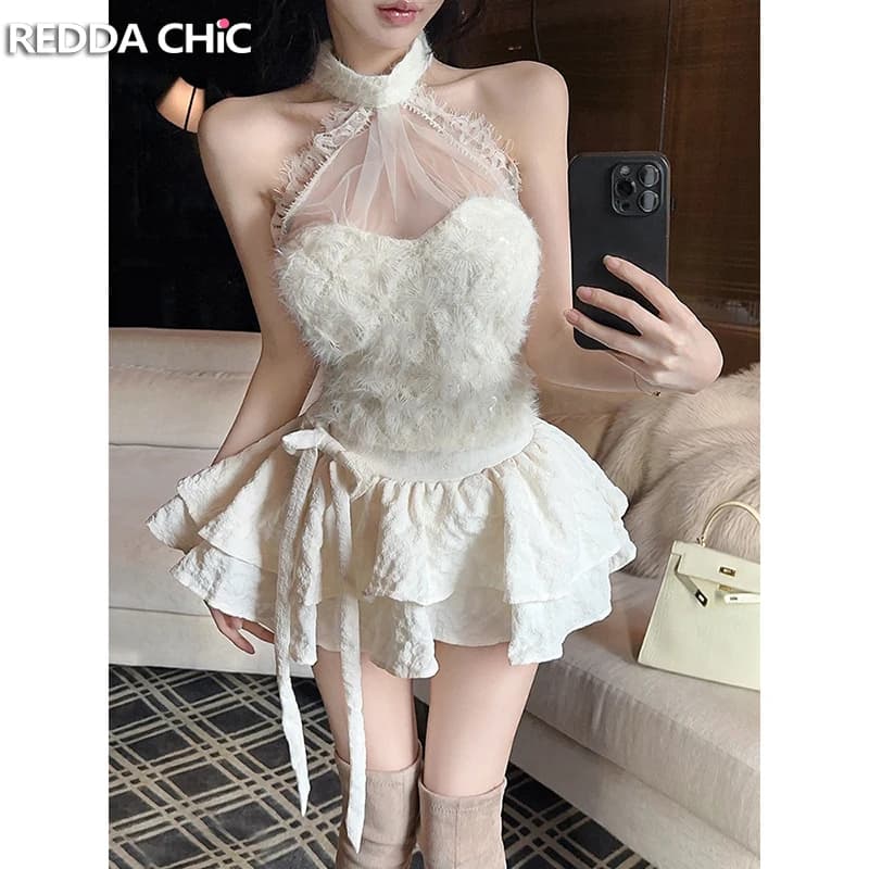 REDDACHiC Gonna superiore pelosa con paillettes Set coordinato Gilet senza maniche con scollo all'americana in pizzo cavo Mini gonna torta con fiocco Abiti da donna Lolita carini