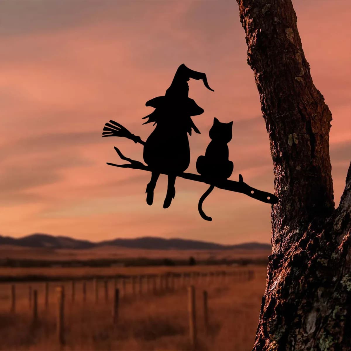 1 pezzo di silhouette in ferro adorabile decorazione da giardino con palo da strega e gatto - per prato e cortile da giardino. Inserto per ceppo d'albero