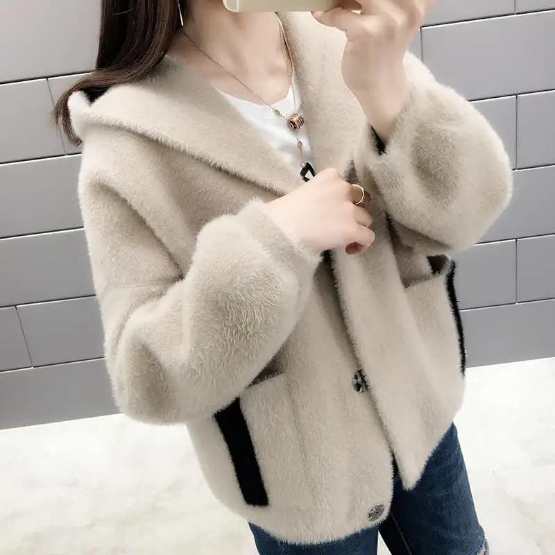 Ladies Short Hooded Mink Velvet Cardigan Spring Autumn Loose Versatile Sweater Jacket Korean Style Commute Long Sleeve