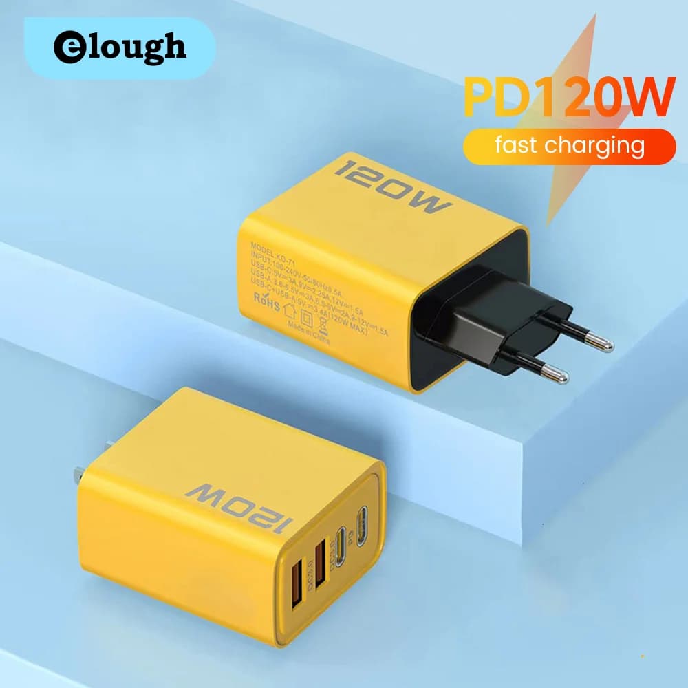 Elough Caricatore per telefono doppio USB + tipo C da 120 W, adattatore per caricabatterie USB tipo C a ricarica rapida PD per Iphone Huawei Xiaomi