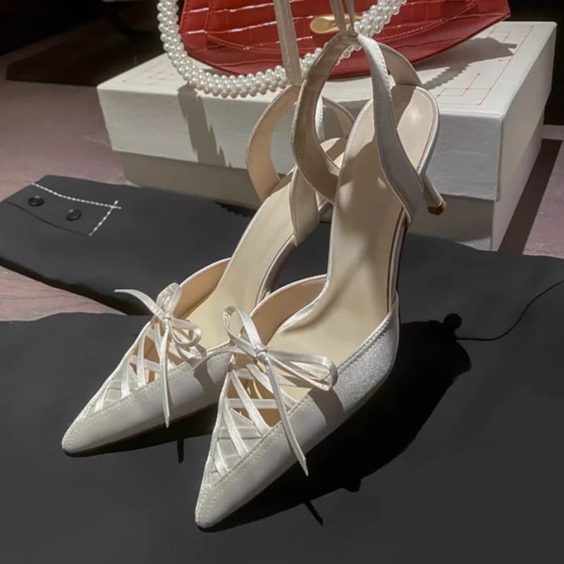 New Fashion Elegant Satin Lace-Up Décolleté Pointe Toe Slim heels Solid color Slip-On Sexy Concise Wedding Dress for Party Shoes Women's Shoes