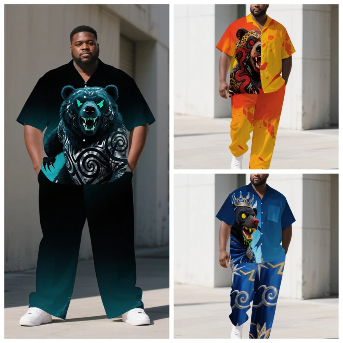 Completo Estivo da Uomo S-9XL con Stampa Orso Re Tribale, Camicia e Pantaloni Oversize, Set Casual 2 Pezzi Multi-Design