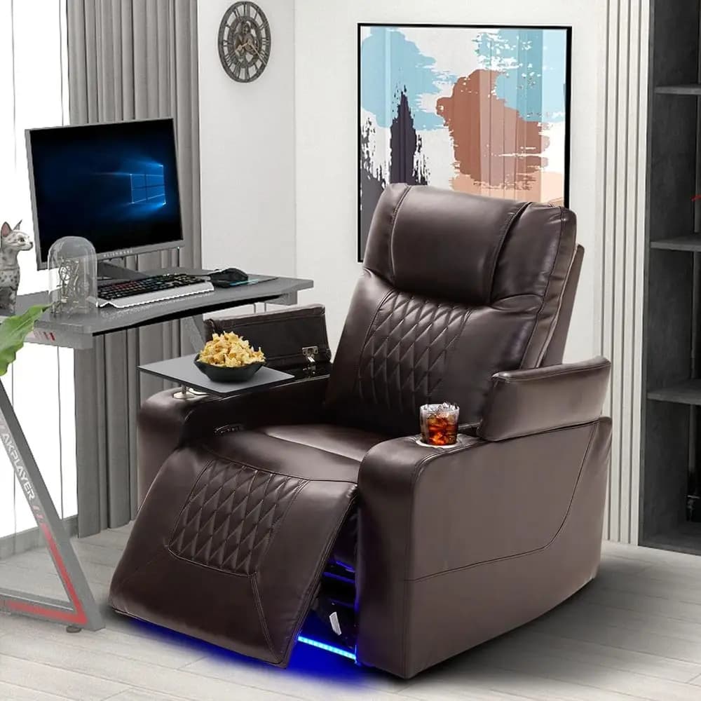 Poltrona Reclinabile Marrone con Porta USB, Illuminazione Ambientale e Portabicchieri per Home Theater e Gaming