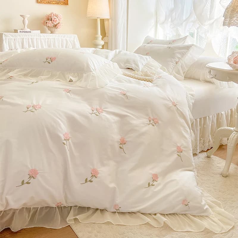 Rosa ricamo pizzo volant principessa set biancheria da letto matrimoniale 100% cotone copripiumino bordo in pizzo lenzuolo gonna letto federe 4 pezzi
