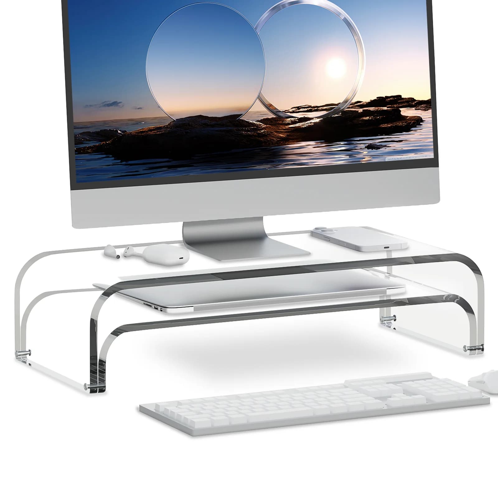 Supporto per Monitor Doppio in Acrilico Resistente, Rialzo Modulare a 2 Livelli per Laptop, Design Staccabile per Ufficio e Casa, Multi-Dispositivo
