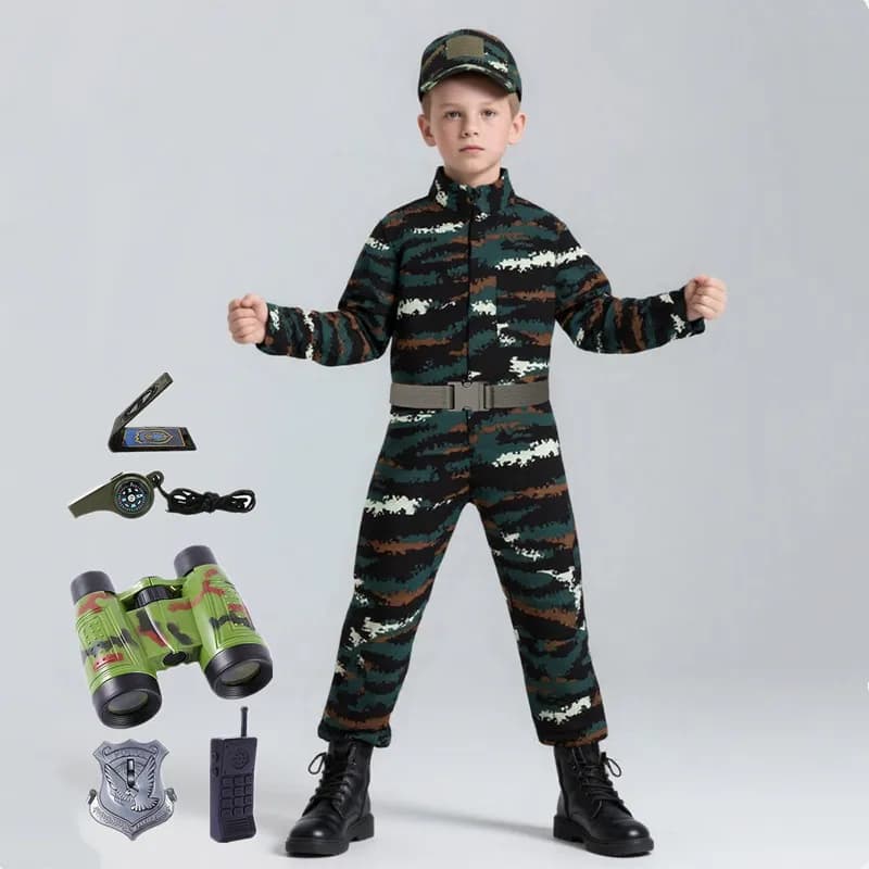 Tuta mimetica per bambini Vestito da campeggio estivo Tuta da ginnastica scolastica con walkie talkie Fischio Giocattoli per ragazzi e ragazze Set coordinato