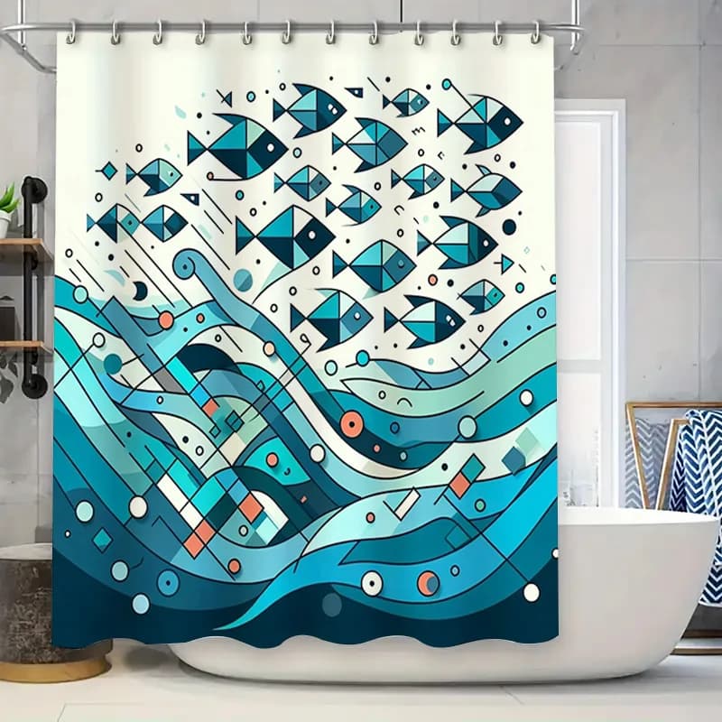 Tenda da doccia con pesci bluModerna decorazione per il bagno con motivo geometrico blu, tessuto impermeabile, set di tappetini da bagno facili da pulire, 6 ganci Inc