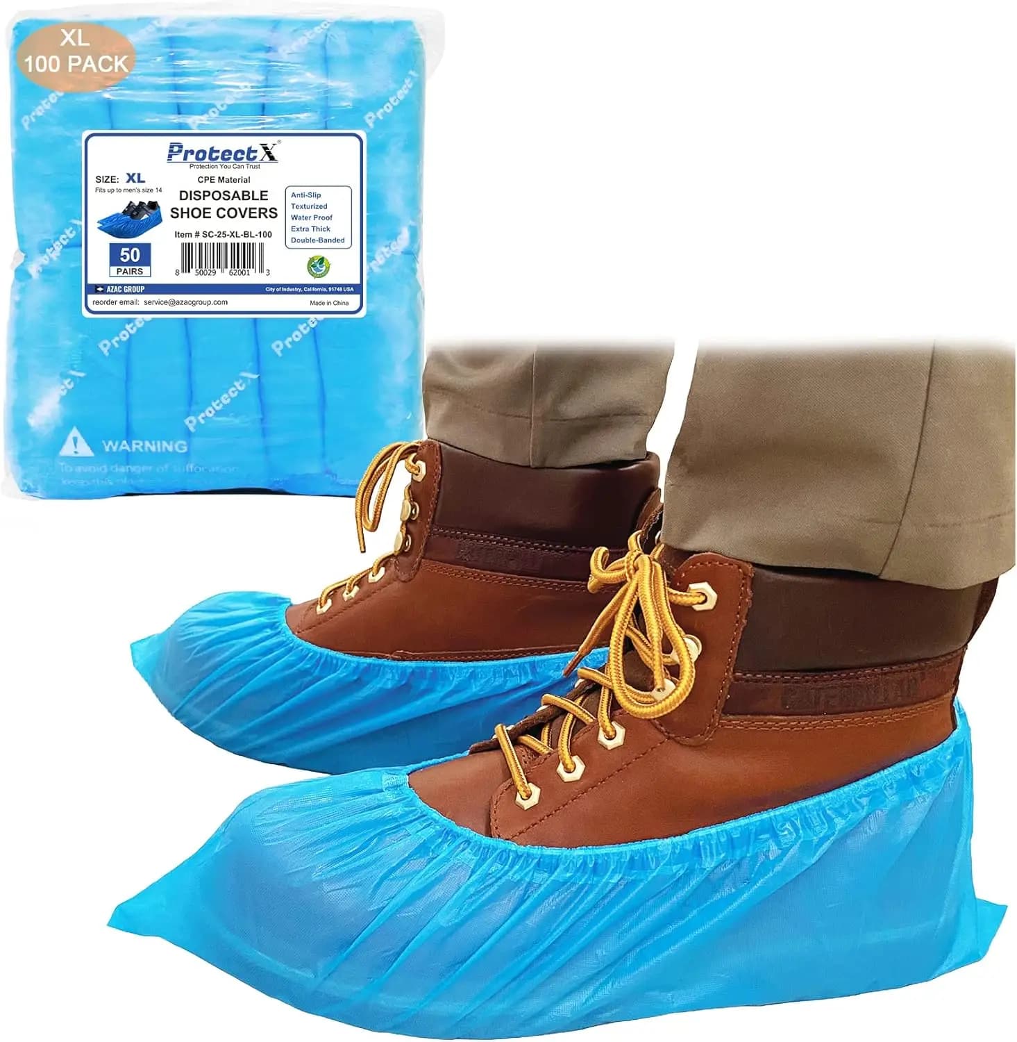 XL Disposable Shoe & Boot Covers, 100-Pack, Waterproof, Slip Resistant, Durable CPE, Fits Men's 14 & All Women's