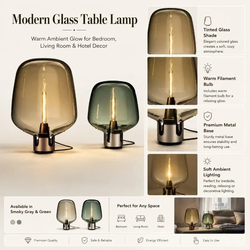 Lampada da Tavolo Decorativa in Vetro, Design Moderno e Lussuoso, Particolarmente Resistente, per Hotel, Soggiorno, Camera da Letto