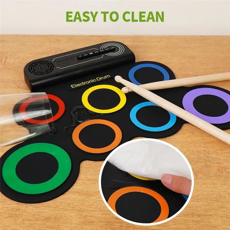 ABKV-Electric Drum Set For Kids With Built-In Speaker, Portable Practice Pad Kit Featuring Roll-Up Design, Ideal Gift