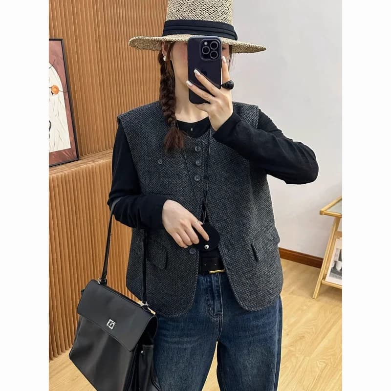 High-quality Quilted Woolen Vest Jacket for Women 2025 Autumn and Winter New Spliced button Fashion Solid Color Top