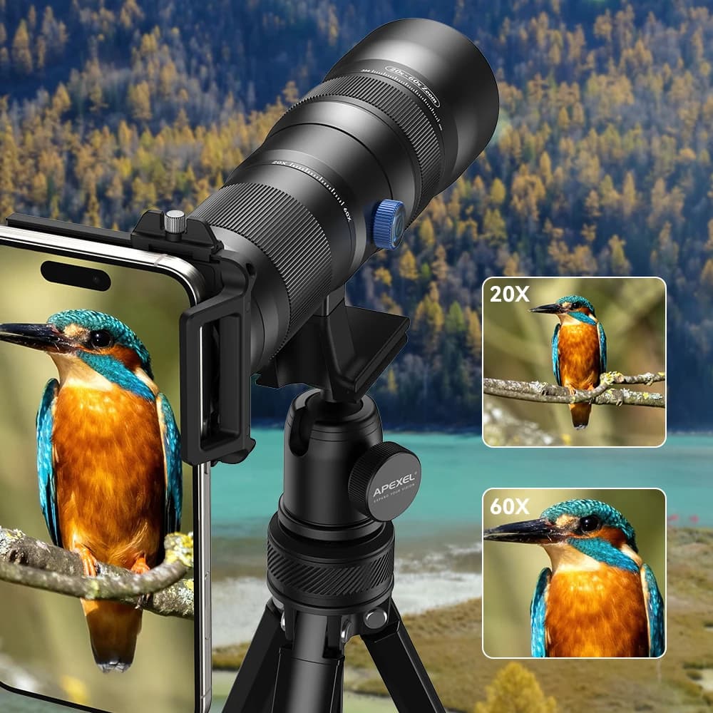 Obiettivo Zoom HD APEXEL 20-60x, Lenti Telescopiche ad Alta Potenza per Birdwatching, Campeggio, iPhone, Telefoni Xiaomi, Lente per Cellulare