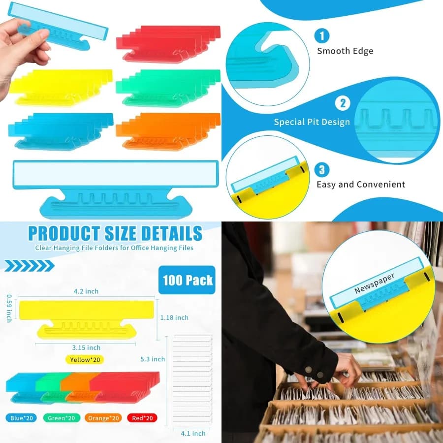 100 linguette e inserti per cartelle di file sospese da 4 pollici con design in plastica trasparente di grandi dimensioni per organizzare cartelle di archiviazione ID